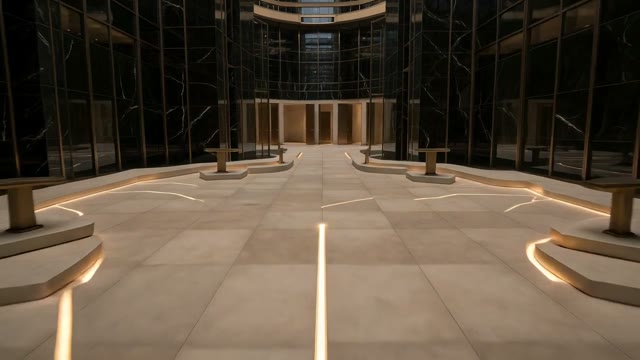 A warm line in the stone floor leading forward through the building
